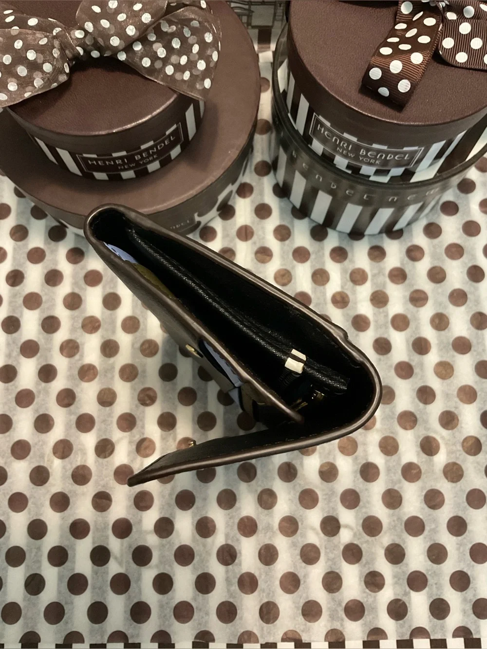 Henri Bendel West 57th Trifold Wallet Light Blue, Black and Olive w Dust Bag
